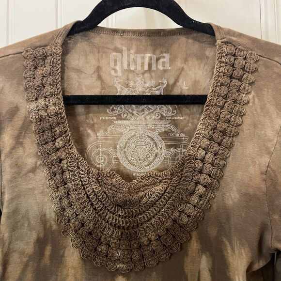 Glima Brown Tie Dye Shirt Womens Size L 3/4 Sleeve Hippie Boho Crochet Neck - Picture 2 of 9